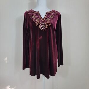 Susan Graver Velvet Tunic Top L Long‎ Sleeve Embroidered Burgundy Boho Holiday